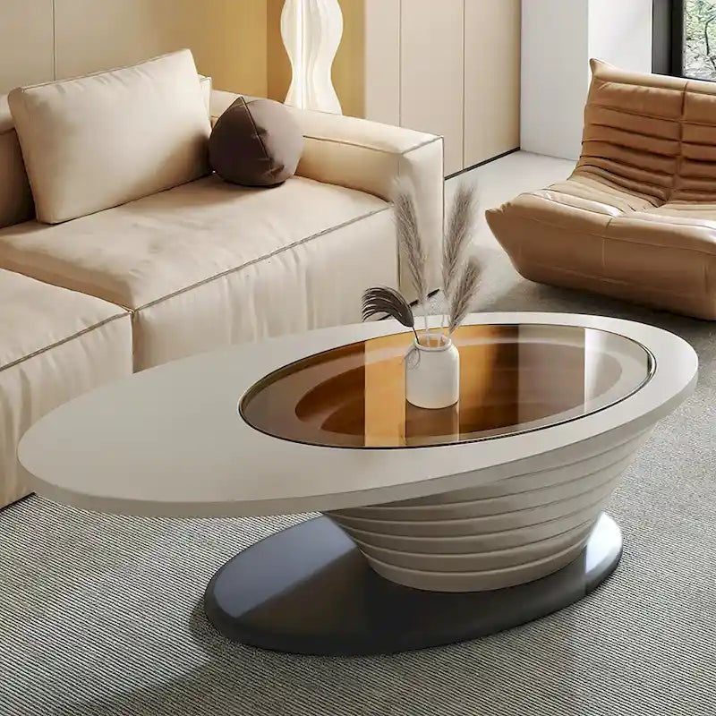 Table basse ovale en verre, style moderne et minimaliste, base grise, 130 cm - L 130 cm l 65 cm H 36,5 cm