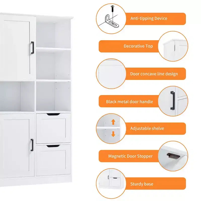 62 Tall Bathroom Storage Cabinet, Freestanding Floor Storage Cabinet With Drawer & Adjustable Shelf, Pantry Storage Cabinet For Bathroom Living Room
