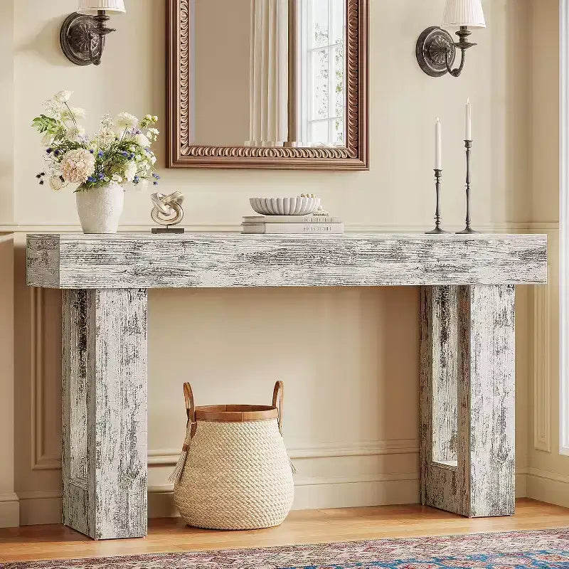 63 Farmhouse Console Table, Rectangular Wooden Accent Table in Distressed White for Entrance, Hallway & Living Room.
