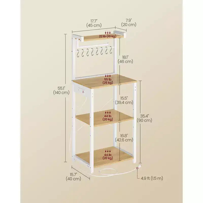 VASAGLE Étagère de Cuisine 4 Niveaux avec Prise Électrique, Meuble de Rangement pour Café avec 8 Crochets en S, Support Micro-Ondes, Étagère Réglable
