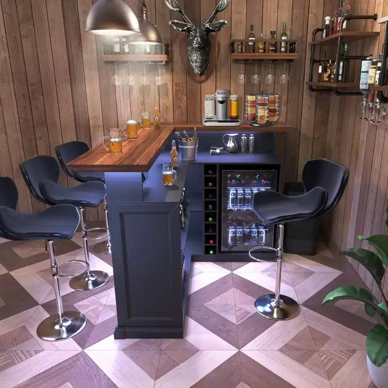 GDLF Meuble de Bar d'Angle en Forme de L avec Espace Réfrigérateur, Grande Table de Bar Moderne pour Sous-sol