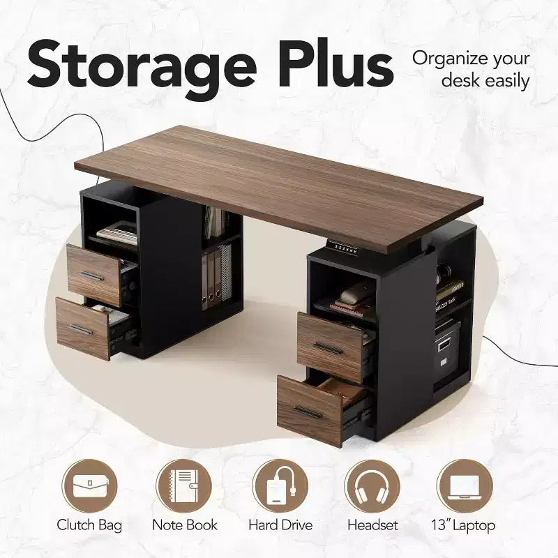 55 In Standing Desk with Drawers, Executive Electric Height Adjustable Stand Up Desk with Storage, Computer Workstation for Home Office, Black Walnut