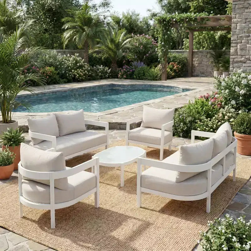 Christopher Knight Home Althea, ensemble de conversation moderne incurvé de 5 pièces en aluminium pour l'extérieur avec table basse en verre