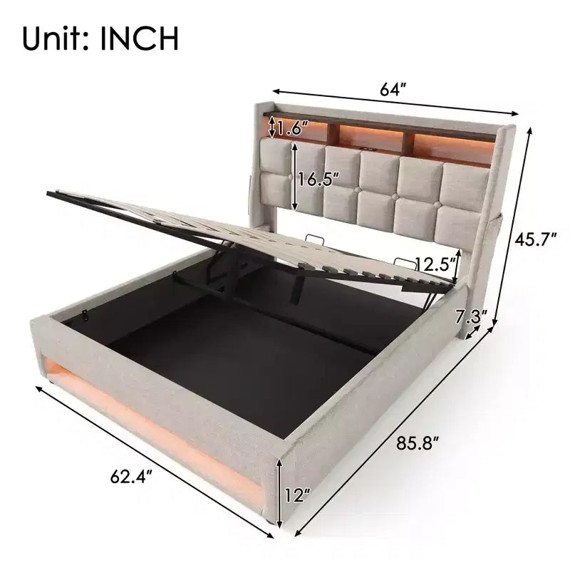 Queen Bed with Hydraulic Storage, LED, USB, Upholstered Headboard, No Box Spring, Easy Assembly