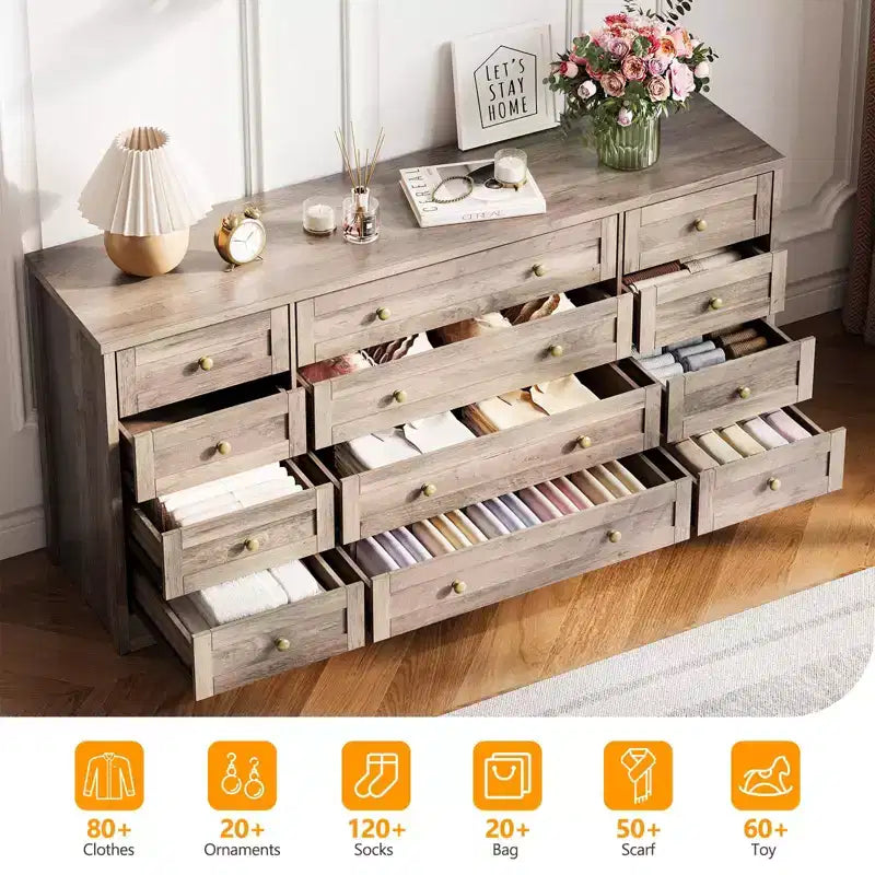 12 Drawers Dresser for Bedroom Wooden, Modern Wide TV Stand Dressers for 65 Inch TV, Wood Chest of Drawers, Farmhouse Clothes Storage for Living Room