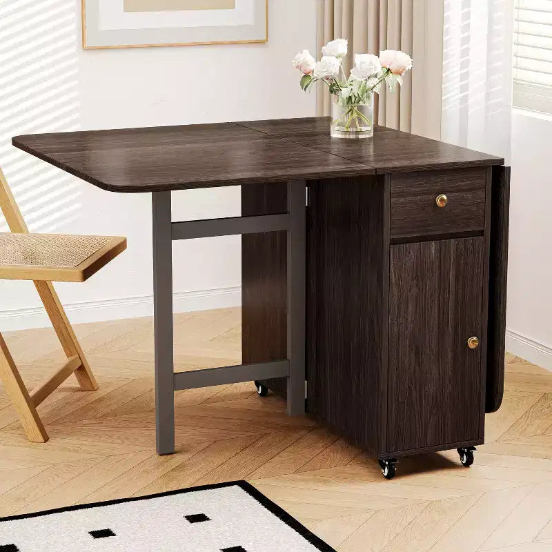 ATJafurn 59 Foldable Dining Table with Drop Leaves for Small Space, Rectangular Wooden Extendable kitchen Table with Wheels and Storage
