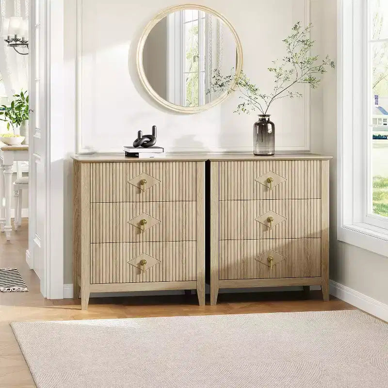 2Pcs Fluted Wood Nightstands, 27.5 Wide 3-Drawer Dresser Set, Modern Bedside Tables, Chest of Drawers for Bedroom, Living Room