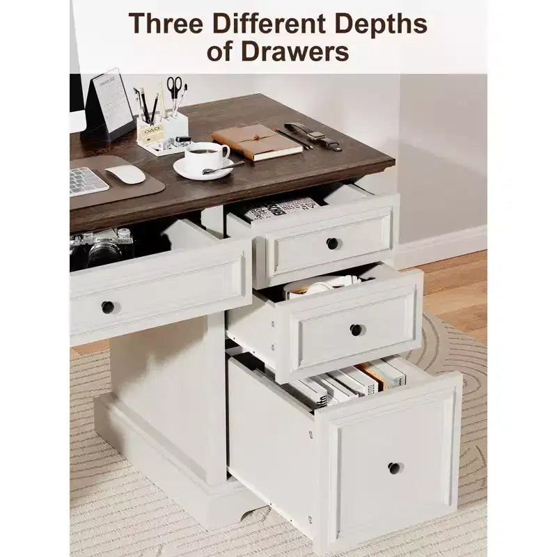 Dyonery 60 Farmhouse Executive Office Desk with Drawers and File Cabinet, Embossed Texture Wood Home Office Desk,Black/Brown/White and brown