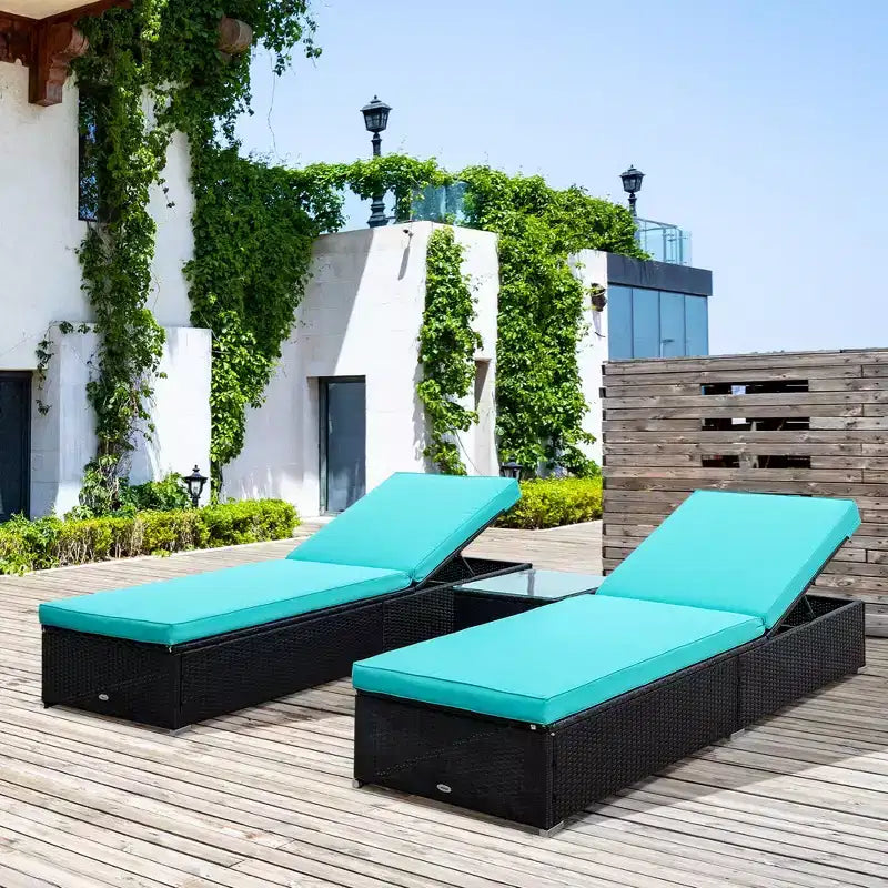 Chaise Lounge Chair Set of 2 with 5 Angle Backrest, Outdoor Coffee Table, Water Repellent Cushions, PE Rattan Wicker Poolside Chairs