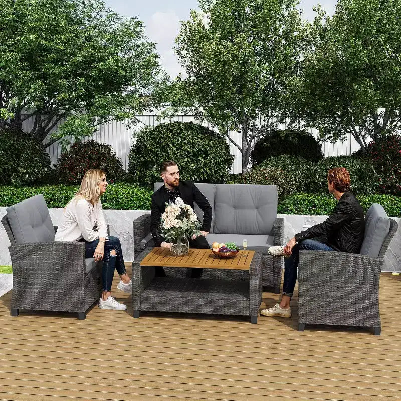 Heynemo 4-Piece Patio Furniture Set, All Weather Wicker Patio Conversation Seating Sets with 2-Tier Coffee Table, Outdoor Sofa Couch