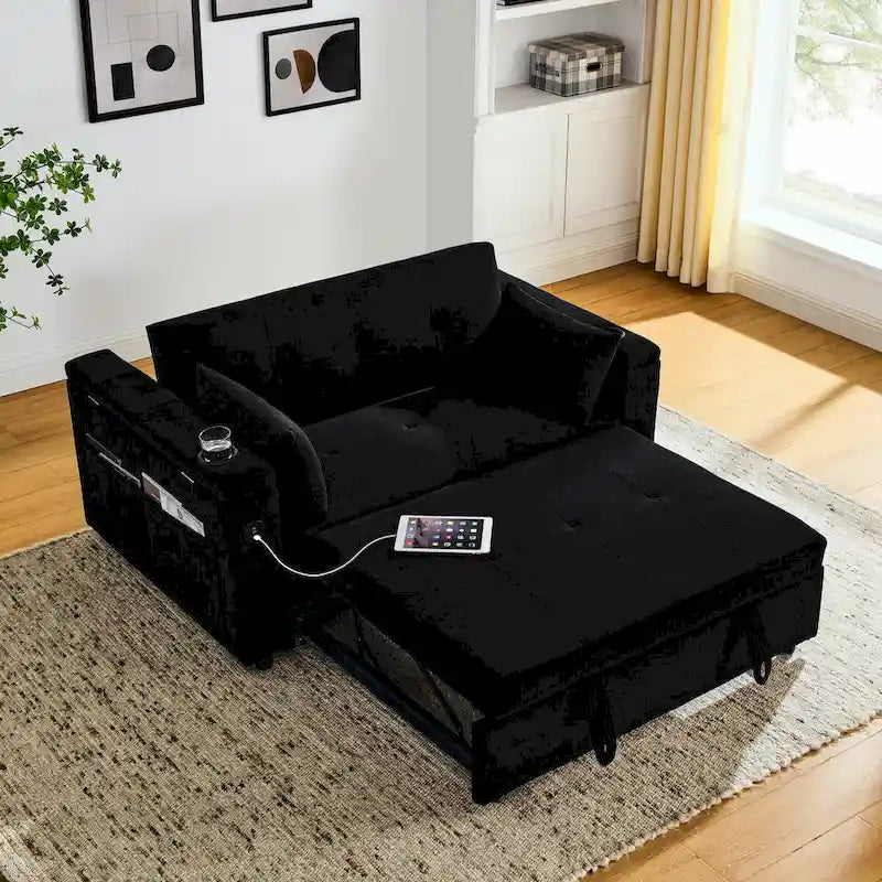 54 Pull-Out Sleeper Sofa Bed, 2 Seat Recliner Sofa Bed with Storage, Lumbar Pillow, USB Power Outlet