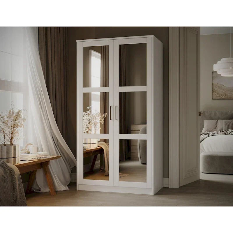 100% Solid Wood 2-Door Urban Wardrobe Armoire with Solid and Mirrored Doors