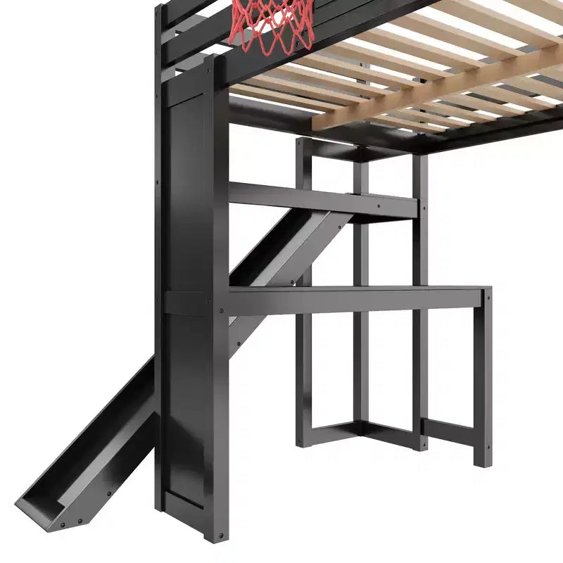 Luxystar Full Wooden Loft bed with Desk, Slide, Basketball hoop and Storage Staircase for Kids and Teens