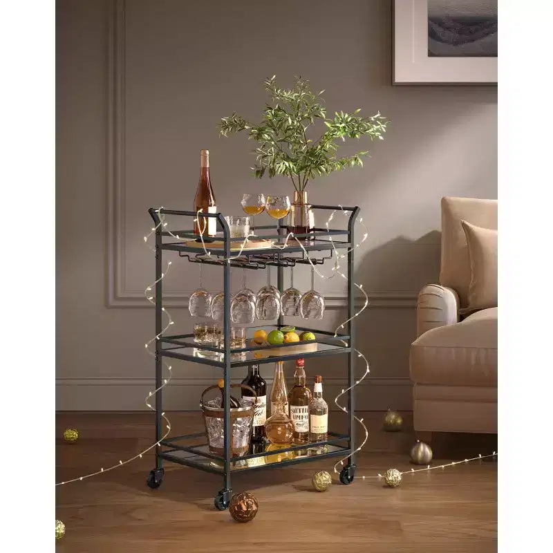 Bar Cart, Home Bar Serving Cart, Small Bar Cart with 3-Tier Shelf, Wine Holders, Glass Holders, Bar Cart, 15 x 23.6 x 36.2 Inches