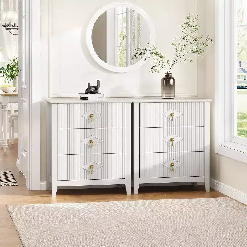 2Pcs Fluted Wood Nightstands, 27.5 Wide 3-Drawer Dresser Set, Modern Bedside Tables, Chest of Drawers for Bedroom, Living Room