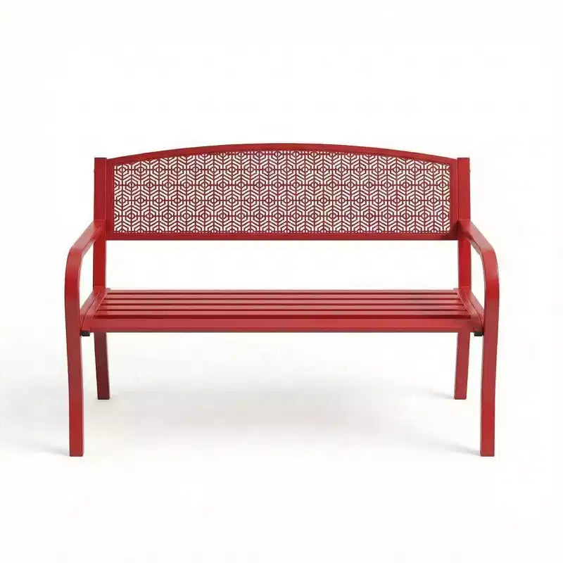 2 Person Metal Outdoor Bench for Garden, Steel Benches Furniture with Geometric Backrest for Patio, Garden & Porch