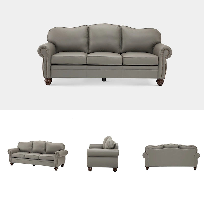 Balvino 81 Wide Transitional Genuine Leather Rolled Arm Sofa with Nailhead Trim and Removable Cushions
