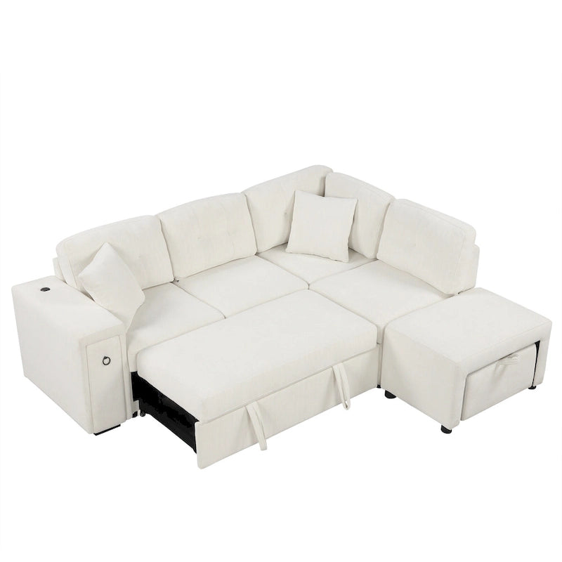 Canapé d'angle 4 places avec lit gigogne, pouf, ports USB et tablette rabattable
