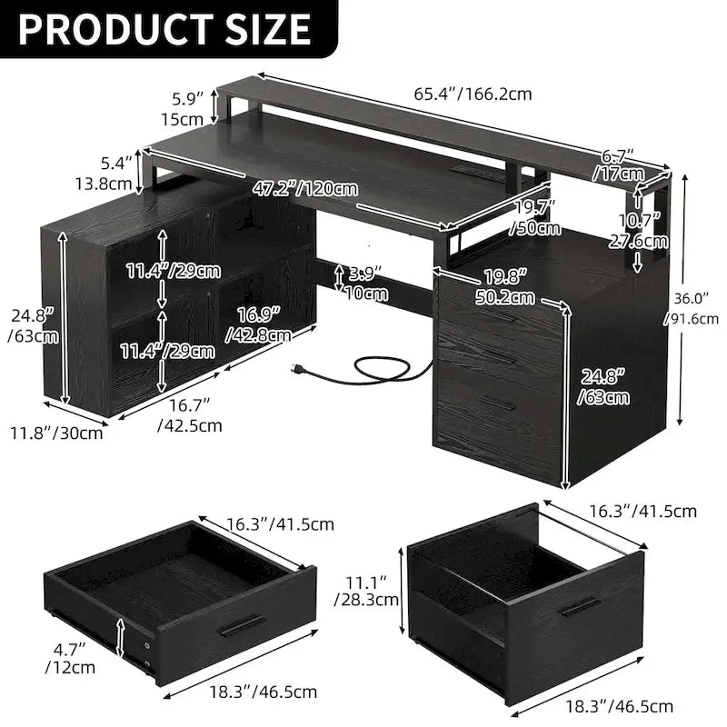 Bureau d'angle en L de 65 po avec DEL RVB, support pour moniteur et armoire de rangement – 1 personne | Blanc / Chêne / Gris anthracite / Noir
