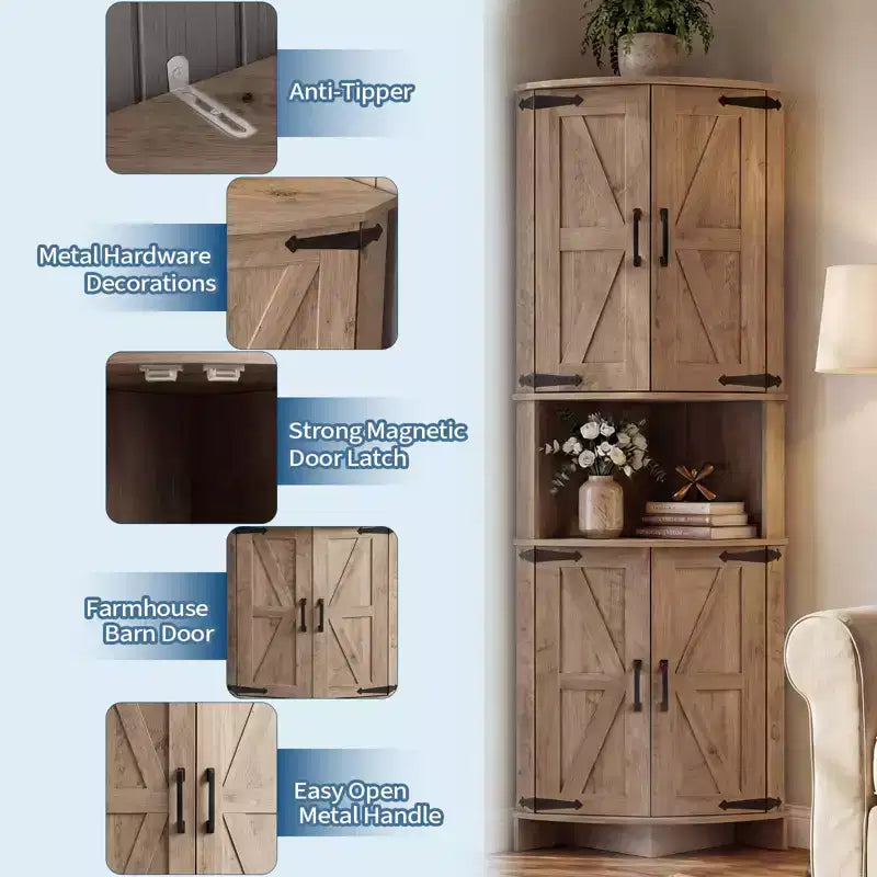 64.8 Tall Corner Cabinet with Doors, Brown Farmhouse Corner Storage Cabinet, Freestanding Corner Pantry Cabinet with Adjustable Shelves