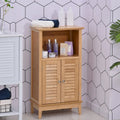 Brown Bamboo Floor Storage Cabinet with Open Shelf and 2 Doors, 1-Person Assembly