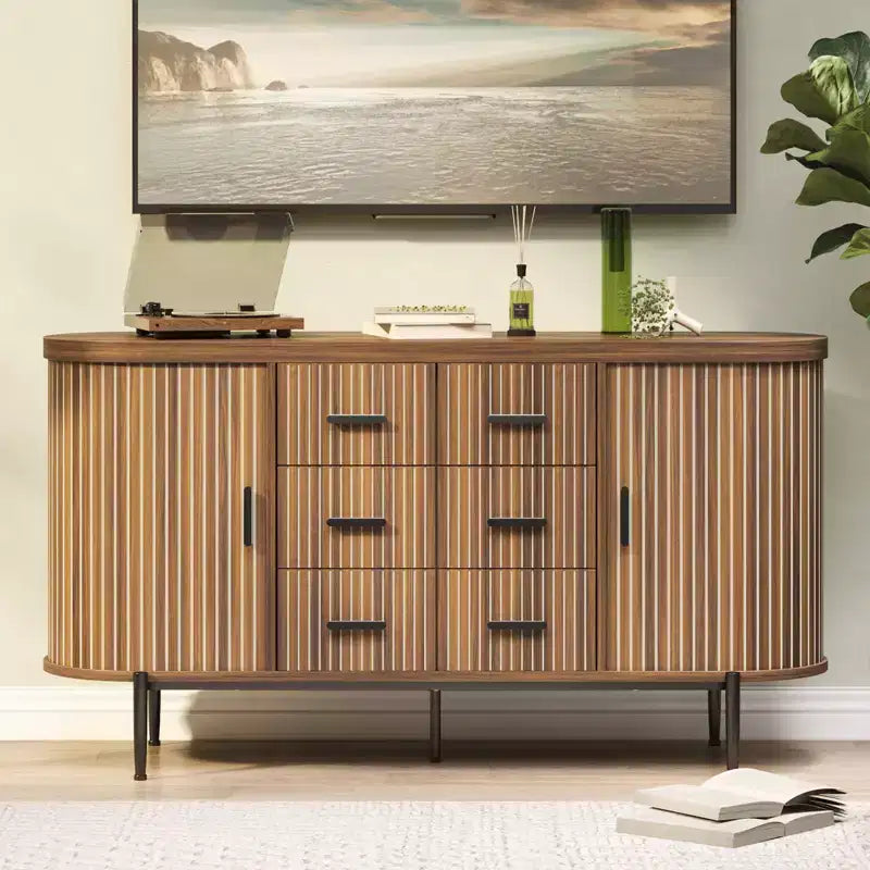 59in Farmhouse Fluted Sideboard Buffet Cabinet, Media TV Console Table with 6 Drawers & 2 Sliding Doors, Versatile Storage Cabinet for Living Room