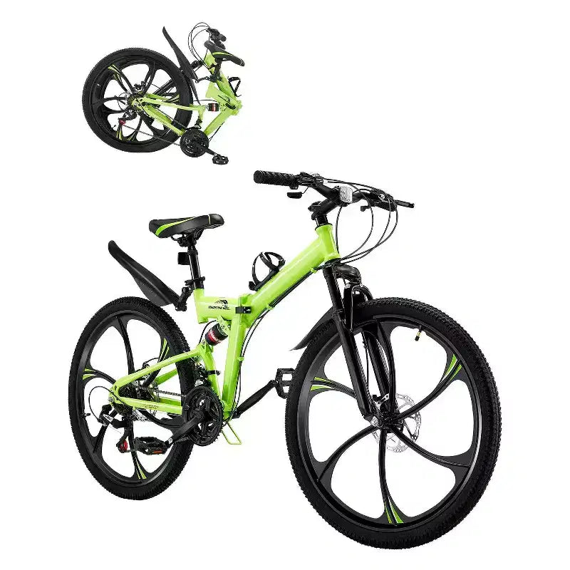 26 Folding Mountain Bike with Full Suspension, 21-Speed Drivetrain, Disc Brakes & High Carbon Steel Frame for Adult Men & Women