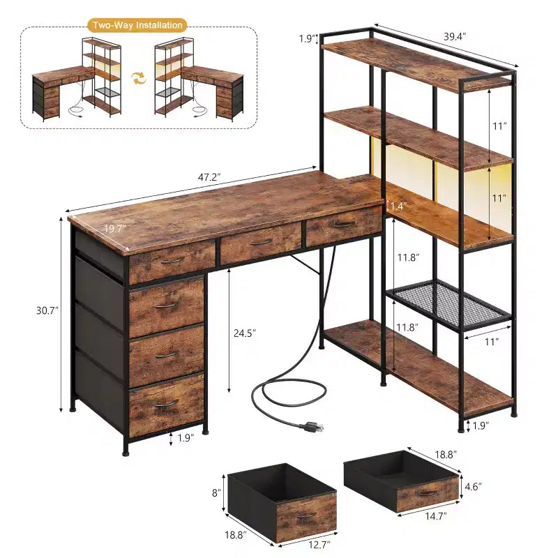 47 L-Shaped Computer Desk with 6 Drawers & 5-Tier Shelves, Reversible Corner Gaming Desk with LED Lights & Power Outlets