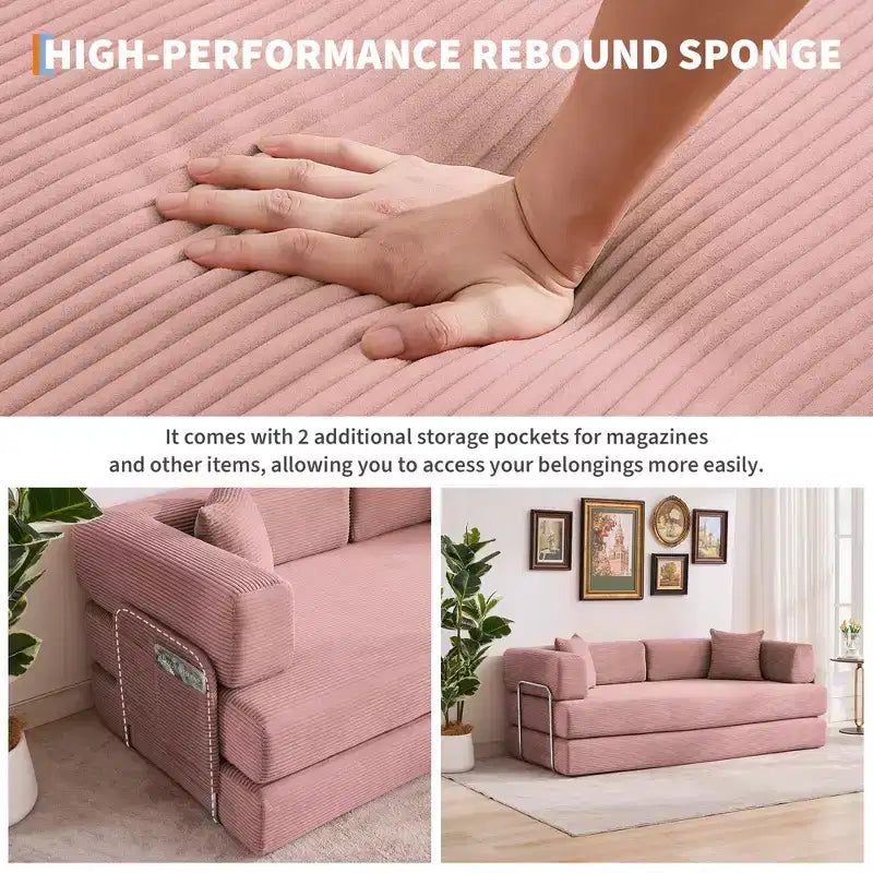 Modern 79 Corduroy Futon Sofa Bed for Small Spaces, 5-in-1 Convertible Sleeper Couch with Removable Armrests & Pillows