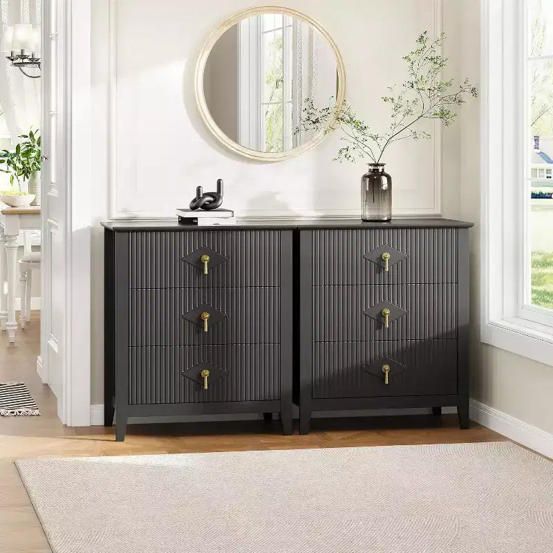 2Pcs Fluted Wood Nightstands, 27.5 Wide 3-Drawer Dresser Set, Modern Bedside Tables, Chest of Drawers for Bedroom, Living Room