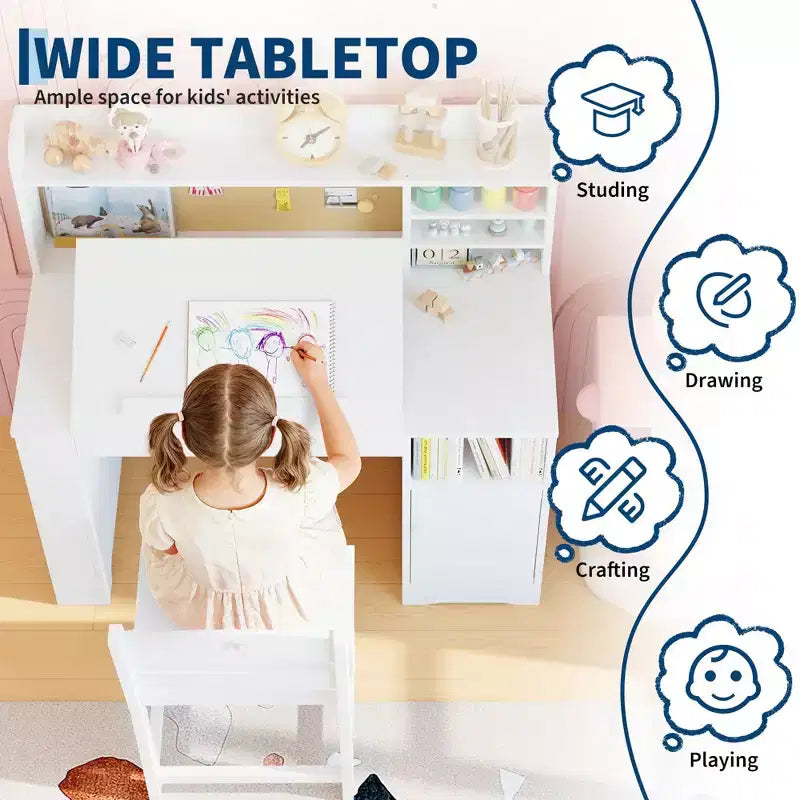 Kids Study Desk & Chair Set with Storage, Kids Study Desk with Hutch and Tiltable, for 3-8 Years Old, Student Writing Table for Bedroom