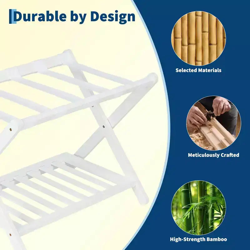2-Pack Folding Bamboo Luggage Rack with 2-Tier Shelf  Premium White Suitcase Stand Holds 150 lb for Bedrooms & Hotels