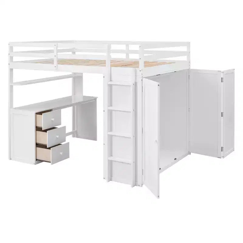 CLIHOME Full size Loft Bed with 3 Storage Drawers, Desk and Wardrobe