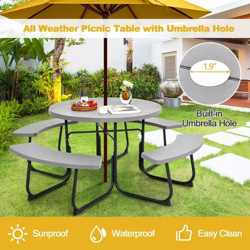 Costway Outdoor 8-person Round Picnic Table Bench Set with 4 Benches & Umbrella Hole Black/Grey/Green/White