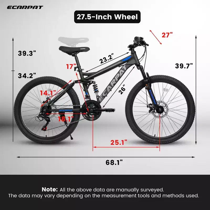 Okak 27.5IN Mountain Bike with Front and Rear Dual Shock Absorbers, 21-Speed Dirt Bike with Mechanical Disc Brake, Adult Bike for Men and Women