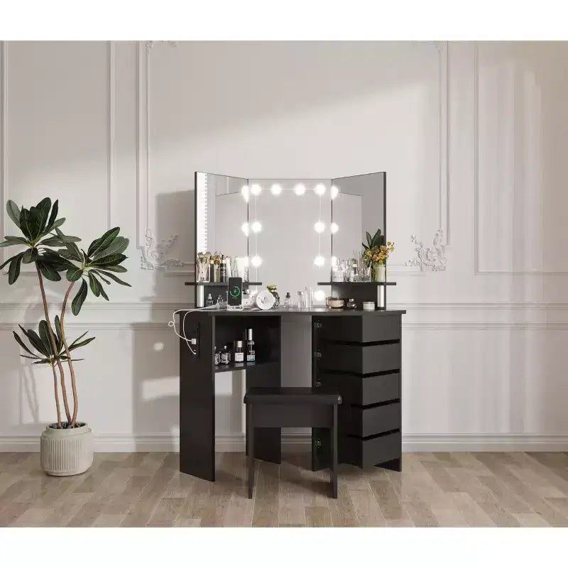 Coiffeuse d'angle avec lumières, table de maquillage avec prise de courant et tiroirs rotatifs pour chambre à coucher