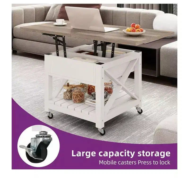 3-In-1 Lift Top Square Coffee Table With Wheels Stools Multi-Function 2 Tier Dining Table With Hidden and Open Storage Living Room Dining Room