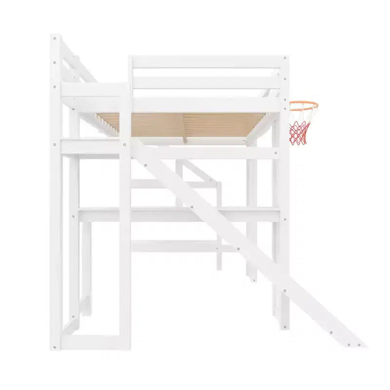 Luxystar Full Wooden Loft bed with Desk, Slide, Basketball hoop and Storage Staircase for Kids and Teens