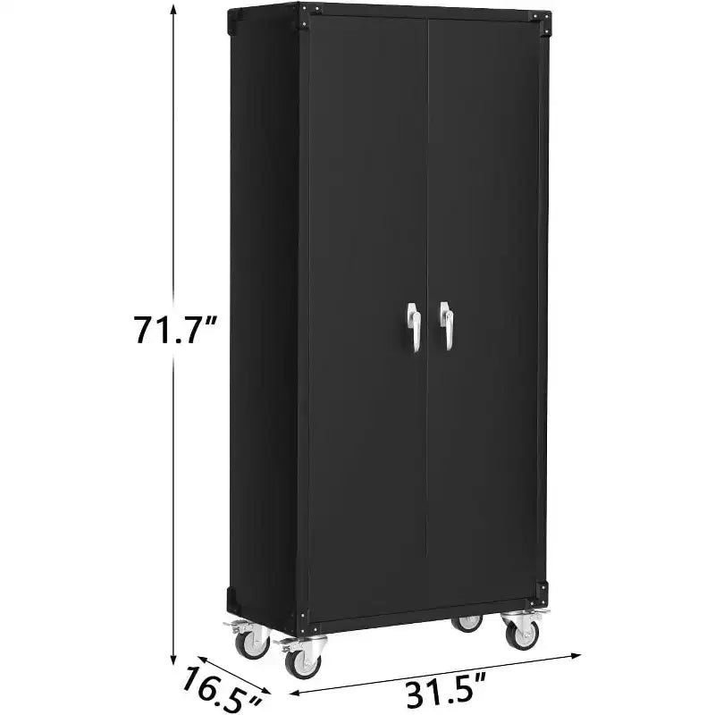 Garage Storage Cabinet with Wheels & Pegboard, 72 H Locking Metal Storage Cabinet with 2 Doors & 4 Adjustable Shelves for Garage Workshop