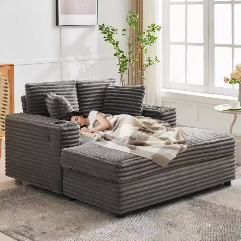 Corduroy 3-Seat Lounge Sofa with Cup Holders & Charging Ports