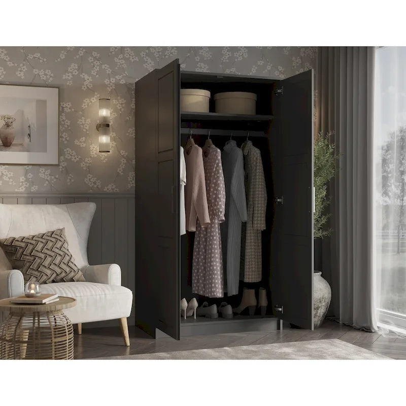 100% Solid Wood 2-Door Urban Wardrobe Armoire with Solid and Mirrored Doors