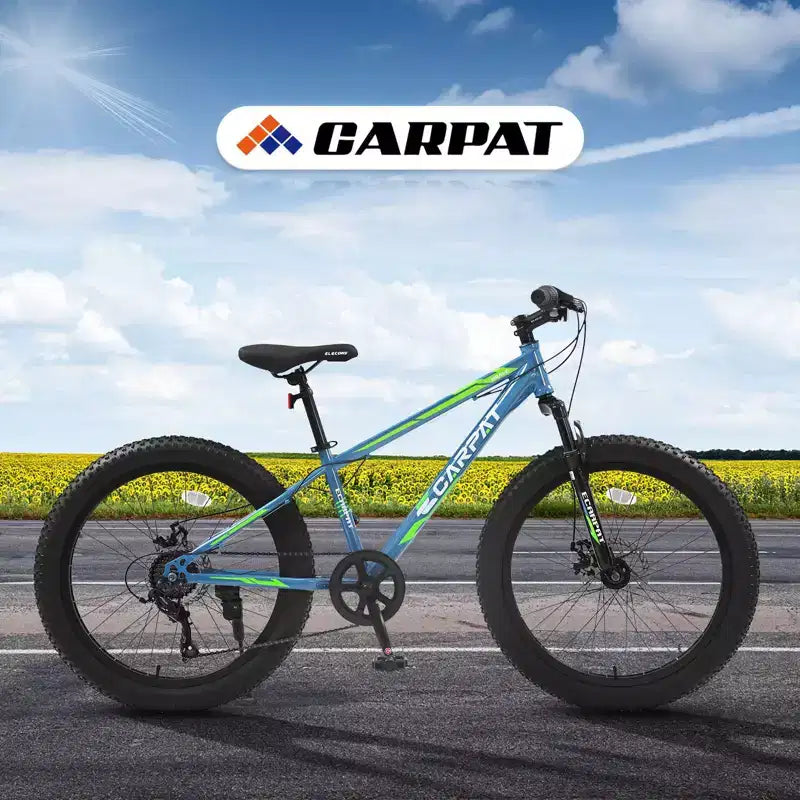 Okak 24IN Fat Tire Bike with Front Suspension, 7-Speed Mountain Bike with Disc Brake and High-Carbon Steel Frame, Trail Bike for Commuting