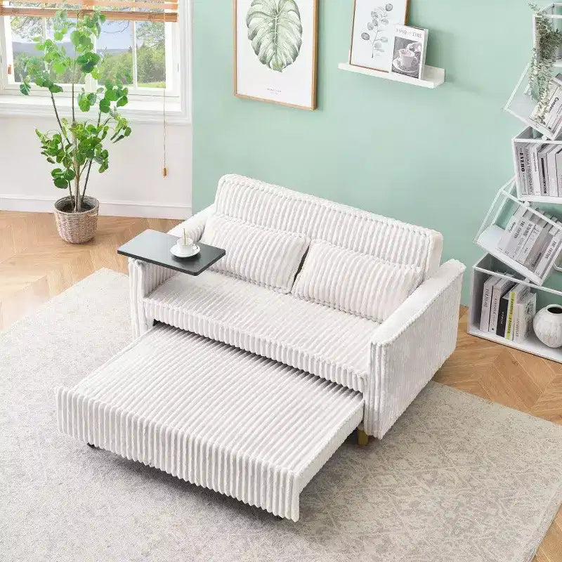 TUYOHW Space-Saving Convertible Sofa,Corduroy Sofa Bed with Movable Tabletop & USB Port,Multi-Functional Loveseat for Living Room