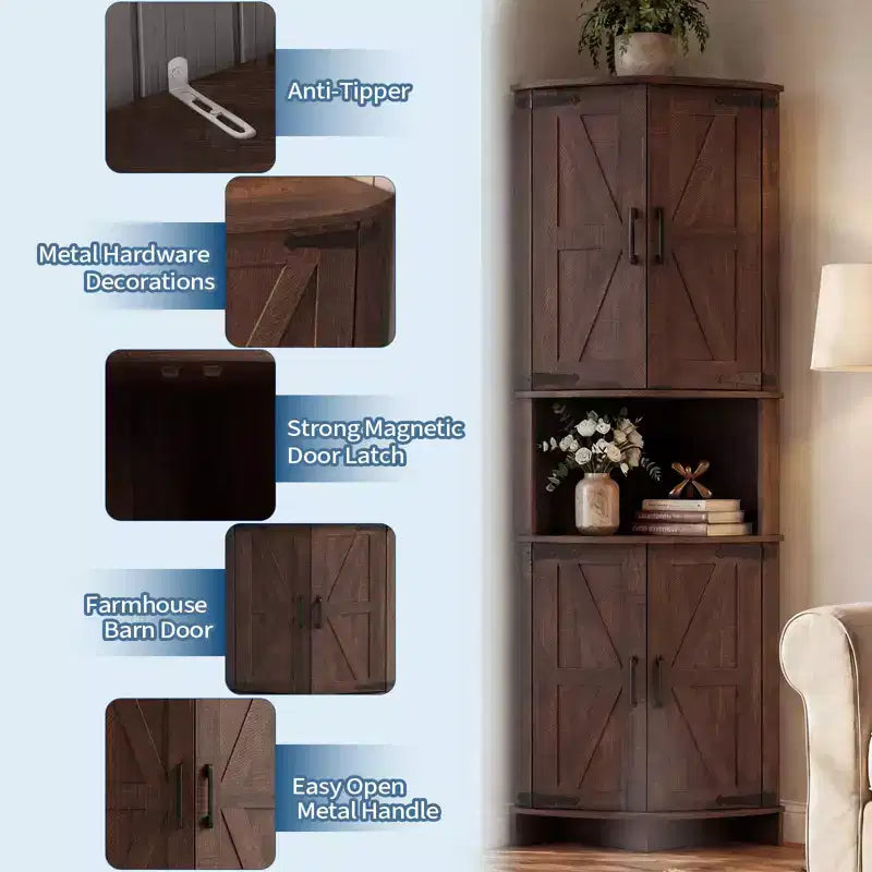 64.8 Tall Corner Cabinet with Doors, Brown Farmhouse Corner Storage Cabinet, Freestanding Corner Pantry Cabinet with Adjustable Shelves