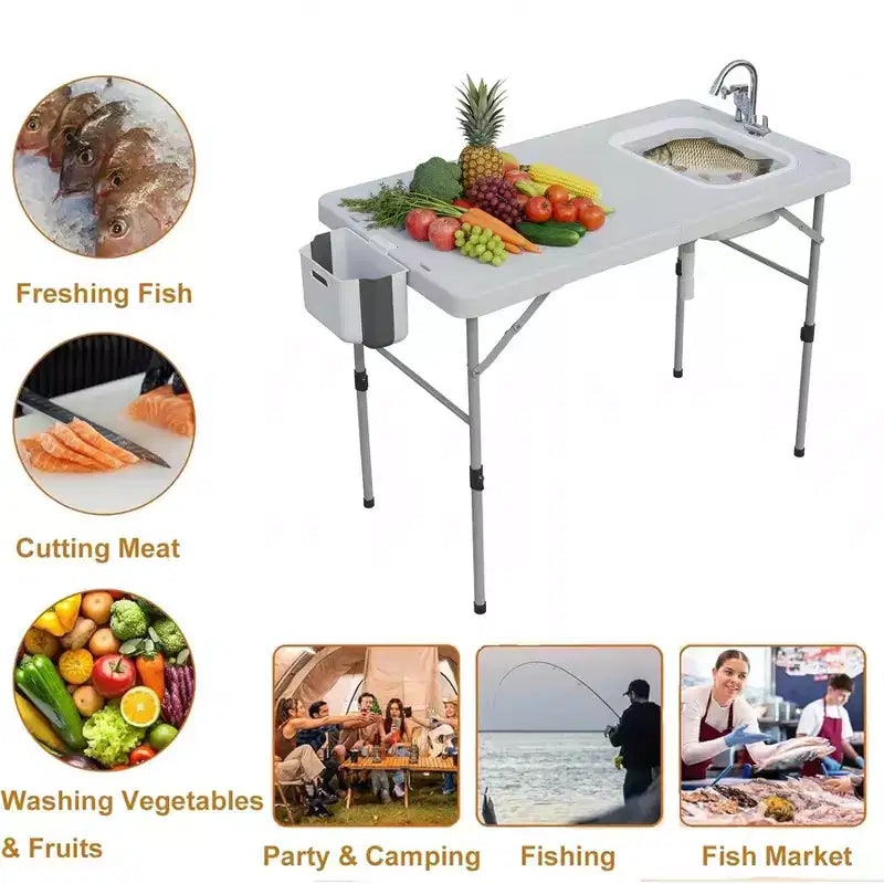 Folding Fish Cleaning Table with Foldable Sink, Portable Camping Table & Fish Cleaning Station, Camping Sink with Faucet Drainage Hose & Sprayer