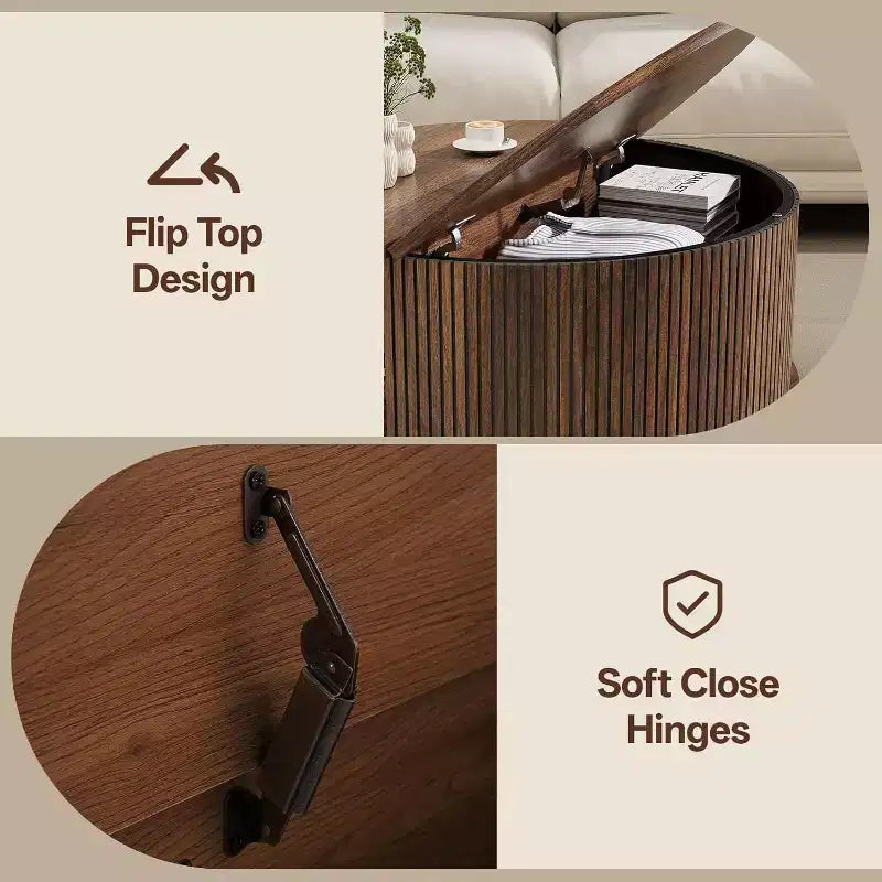 Table Basse Ronde avec Rangement NAYSAYE, Table Centrale Cannelée de 80 cm pour Salon, Table d'Appoint Circulaire Moderne en Noyer pour Petit Espace
