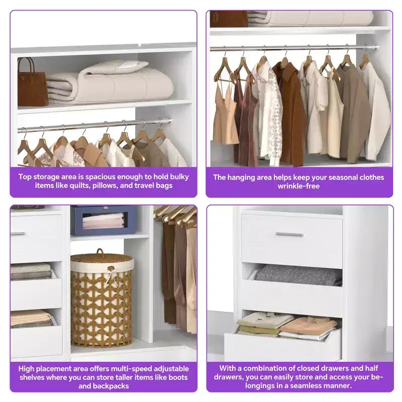 Besiost Set of 3 Corner Closet System with Tower Shelves and Drawers, Freestanding Closet Organizer with Hanging Rods