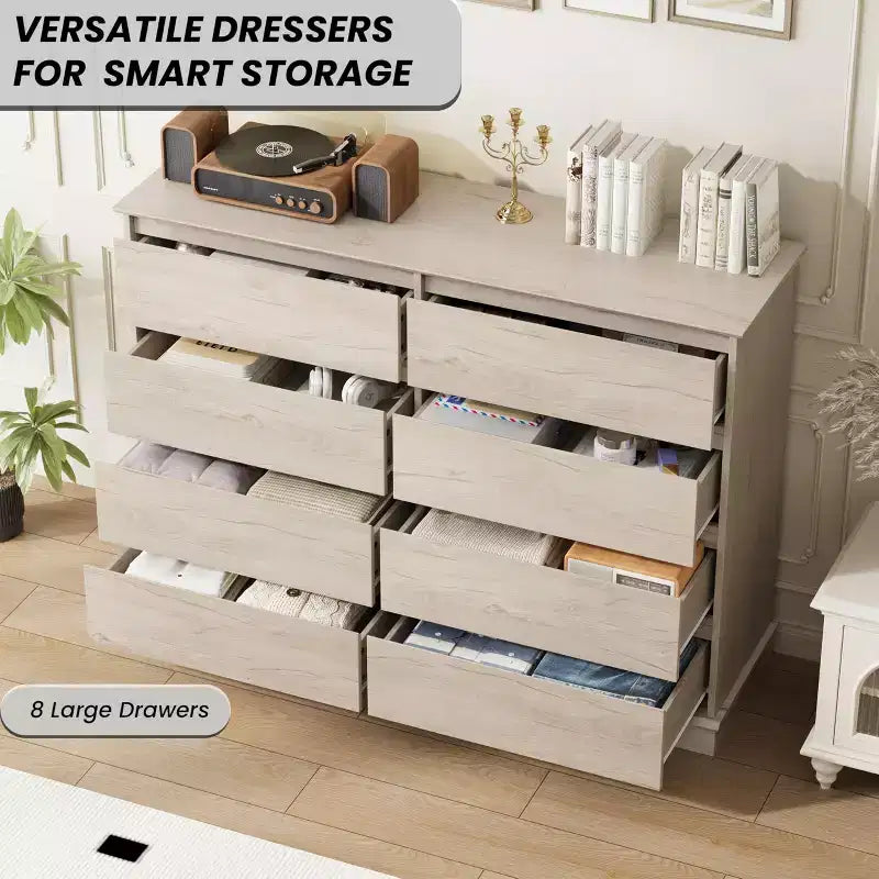 Modern Dresser for Bedroom with 8 Drawers, Wooden Storage Organizer Unit for Closet, Wide Chest of Drawers