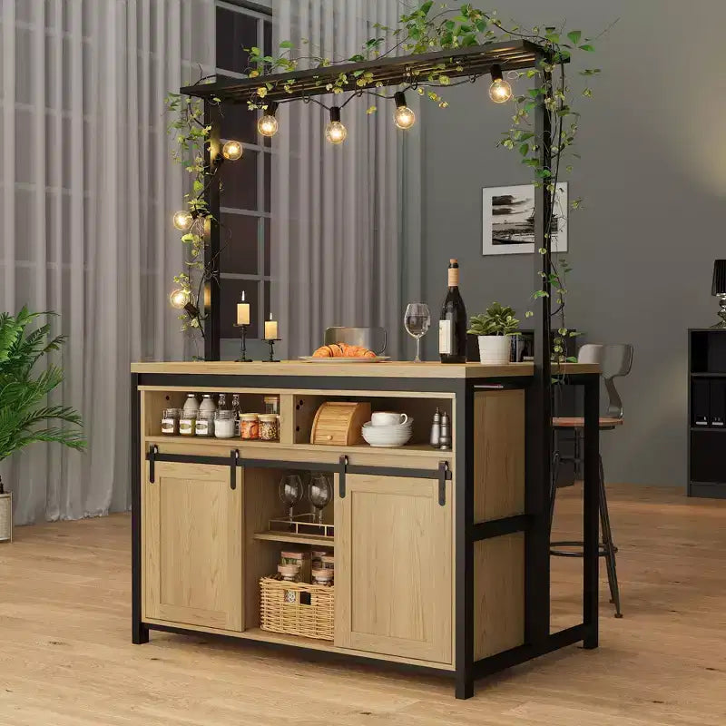 Îlot de cuisine, étagère de boulanger avec porte coulissante de style grange, îlot de cuisine large de 42 po avec support à micro-ondes à 3 niveaux, étagères pour four et table de bar à café