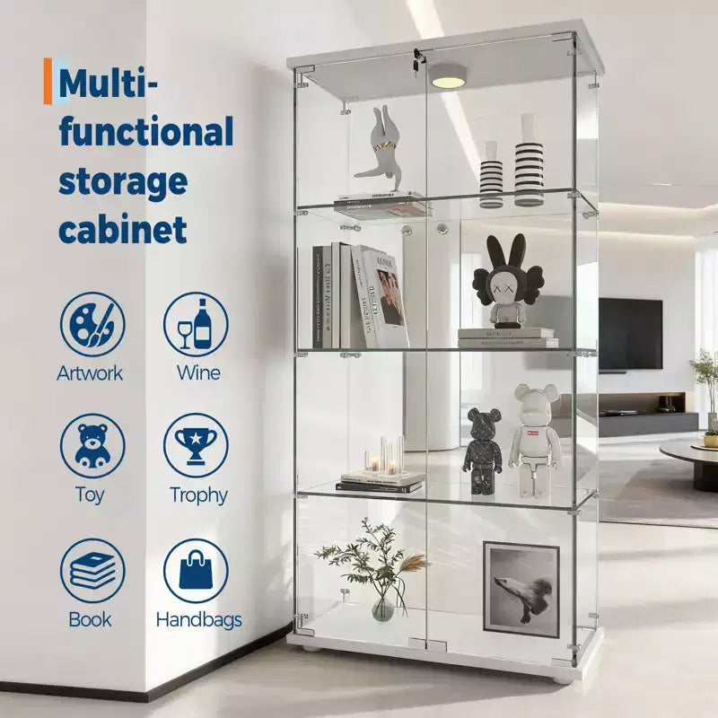 4-Tier Tempered Glass Display Cabinet, Full-Glass Curio Case with LED Lights & Human Body Sensor, Storage Cabinet for Collectibles & Decor